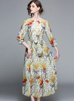 Chiffon Print Belted Falbala Maxi Dress