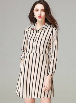 Khaki Striped Single-breasted A-line Dress