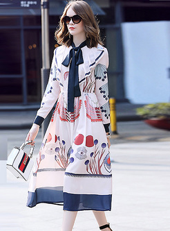 Elegant Print Tied-collar A-line Midi Dress