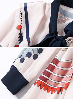 Elegant Print Tied-collar A-line Midi Dress