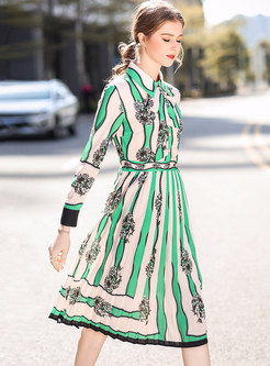 Elegant Hit Color Print Lapel Pleated Dress