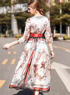 Chiffon Floral Print V-neck Belted Maxi Dress