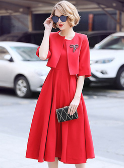 Chic Red Sleeve Big Hem Dress With Short Coat