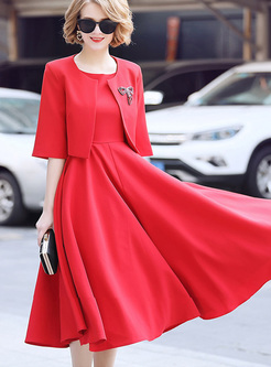 Chic Red Sleeve Big Hem Dress With Short Coat