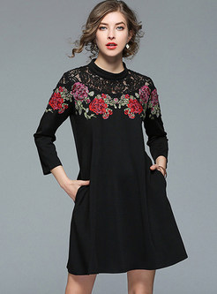 Flower Embroidered Stand Collar Shift Dress