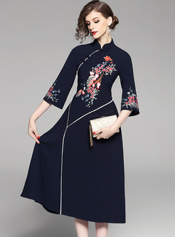 Vintage Embroidered Stand Collar A-Line Dress