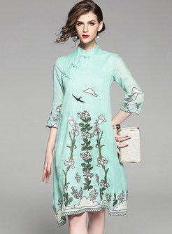 Light Green Embroidered Stand Collar Shift Dress