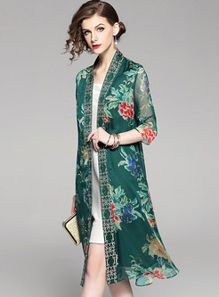 Green Flower Print Chiffon Straight Coat