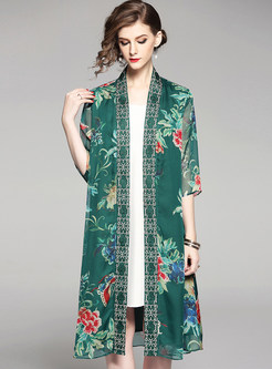 Green Flower Print Chiffon Straight Coat
