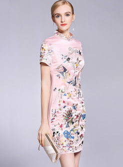 Pink Improved Cheongsam Embroidered Bodycon Dress