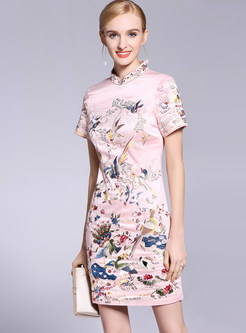 Pink Improved Cheongsam Embroidered Bodycon Dress