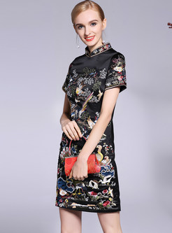 Black Embroidered Short Sleeve Cheongsam Dress