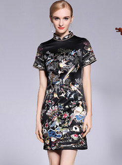 Black Embroidered Short Sleeve Cheongsam Dress