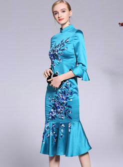 Blue Vintage Half Sleeve Embroidered Mermaid Dress