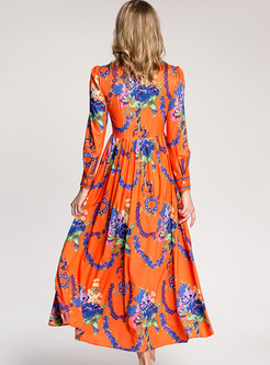 Orange Flower Print Lapel Maxi Dress