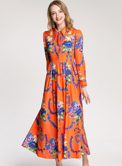 Orange Flower Print Lapel Maxi Dress