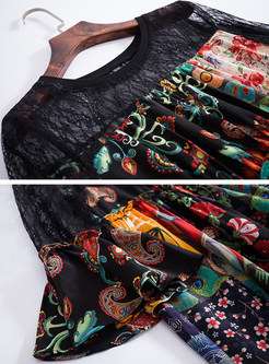 Multi-color Print Flare Sleeve Silk Skater Dress