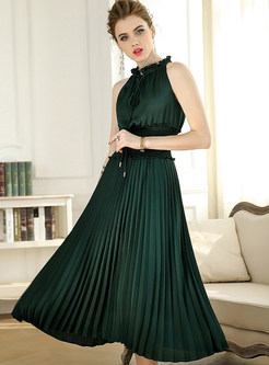 Green High Waist Sleeveless A-line Dress