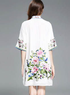 White Stand Collar Embroidered Shift Dress