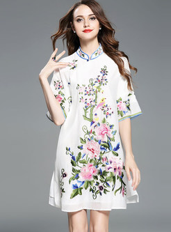 White Stand Collar Embroidered Shift Dress