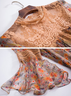 Floral Print Splicing Silk Shift Dress