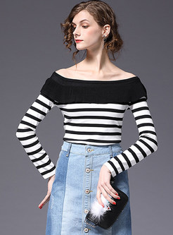 Striped Slash Neck Knitted Top