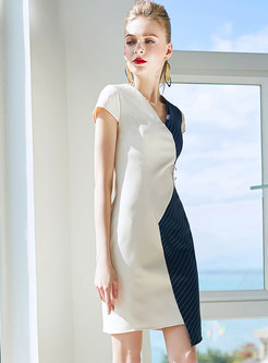 Contrast Color V-neck Asymmetric Splicing Bodycon Dress