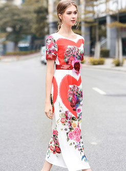 Sequins Floral Print Slim Maxi Dress