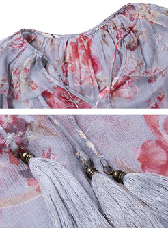 Chic Floral Print Lacing Silk Shift Dress