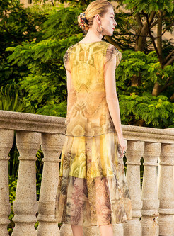 Yellow Vintage Print Silk Skater Dress