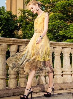 Yellow Vintage Print Silk Skater Dress