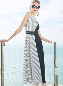 Hit Color Striped Sleeveless Asymmetric Dress