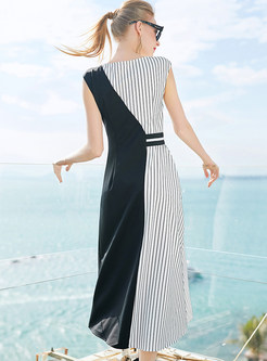 Hit Color Striped Sleeveless Asymmetric Dress