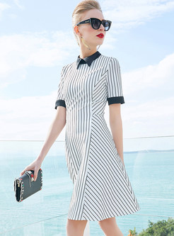 Brief Striped Lapel Short Sleeve A-line Dress