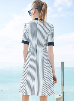 Brief Striped Lapel Short Sleeve A-line Dress