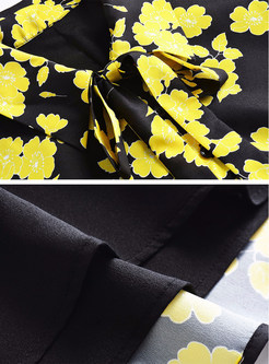 Flower Print Lacing Lapel A-line Dress