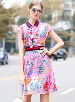 Pink Floral Print Falbala Slim A-line Dress