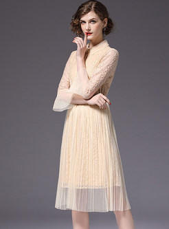 Mesh Splicing Lace Flare Sleeve Pleated Dress