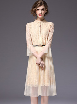 Mesh Splicing Lace Flare Sleeve Pleated Dress