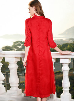 Red Stand Collar Embroidered Shift Dress