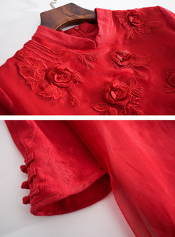 Red Stand Collar Embroidered Shift Dress