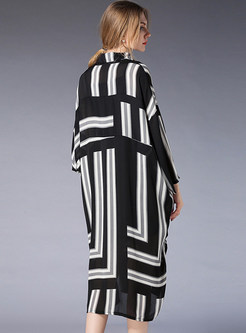 Striped Stitching Lapel Chiffon Dress