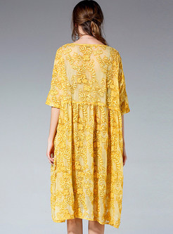 Yellow Loose Embroidered Shift Dress