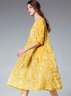 Yellow Loose Embroidered Shift Dress