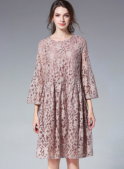 Pink Lace Hollow Out Loose Shift Dress