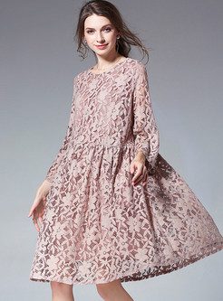 Pink Lace Hollow Out Loose Shift Dress