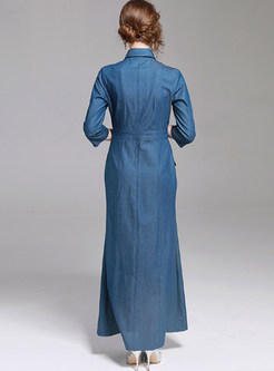 Blue Gathered Waist Single-breasted Denim Maxi Dress