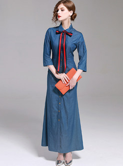 Blue Gathered Waist Single-breasted Denim Maxi Dress