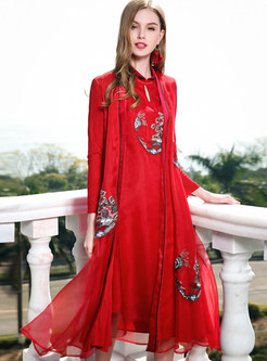 Red Silk Embroidered Loose Coat