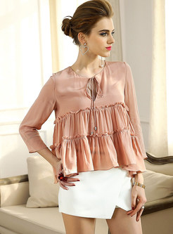 Pink Stylish Splicing Pleated Blouse 